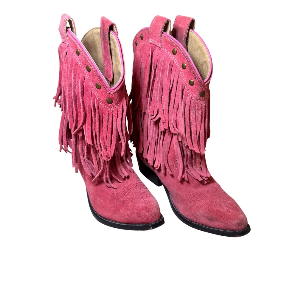 Girls Pink Suede Fringe Western Cowgirl Boots Festival Rodeo Kids Sz 2